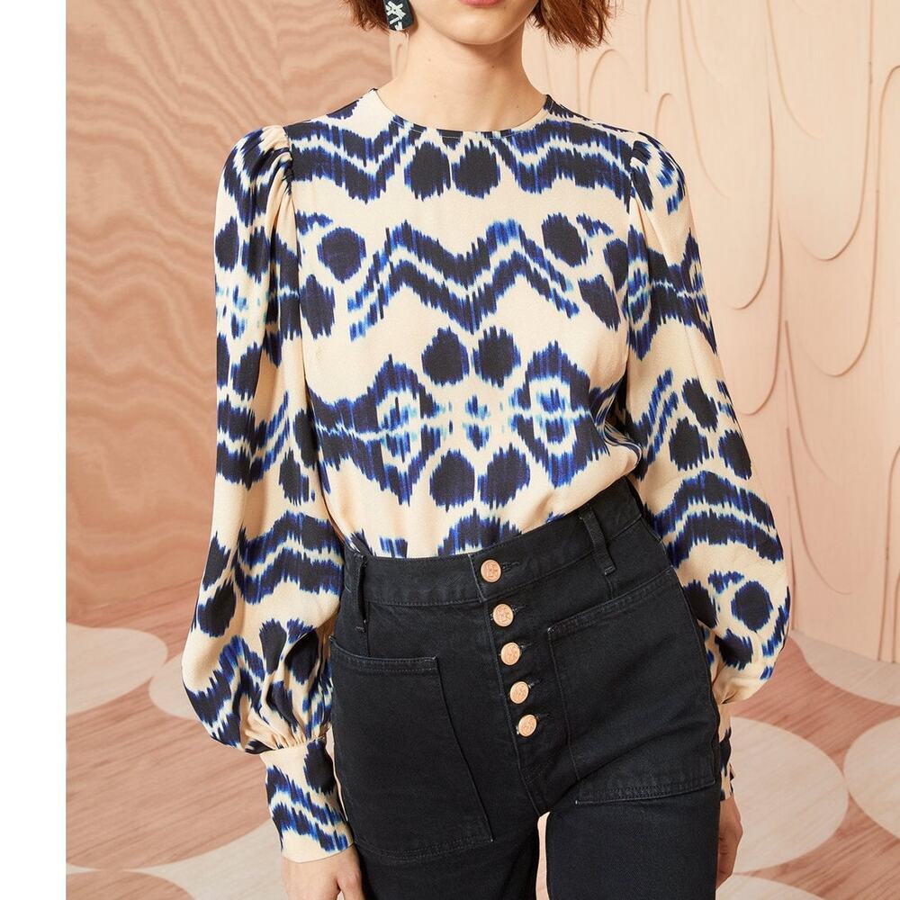 Ulla Johnson Lilliana Tie Dye Print Bishop Sleeve Blouse in Nimbus size 0